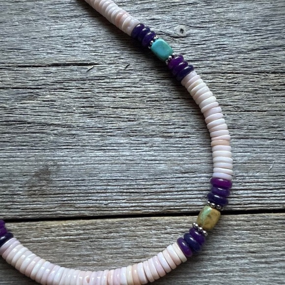 Southwestern Sterling Silver Pink Conch Multi Stone Bead Necklace. 18 Inch - Picture 4 of 12